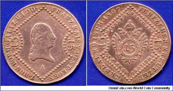 15 kreuzer bank token.
Austrian Empire.
Francisc I (1805-1835).
*A* - Wien mint.
Ø - 35mm. 13,12 gr.


Cu.