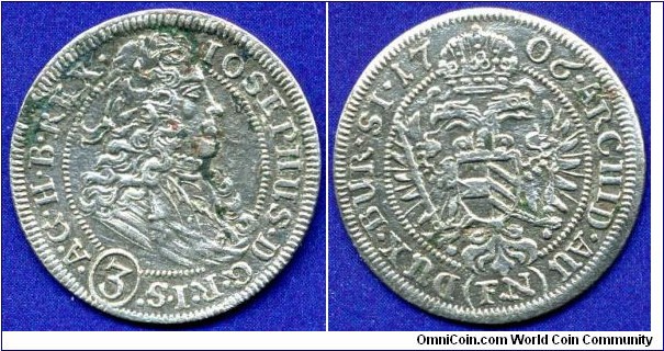 3 kreuzer.
Austrian arm.
Ioseph I (1705-1711), Emperor of Holy Roman Empire.
(FN)- Breslau mint.


Ag359f. 1,74gr.