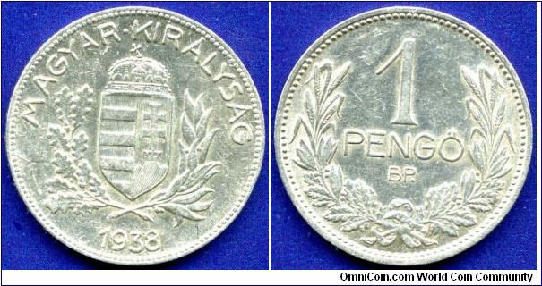 1 Pengo.
Kingdom of Hungary.
*BP*- Budapesht mint.
Mintage 5,000,000 units.


Ag640f. 5,0gr.
