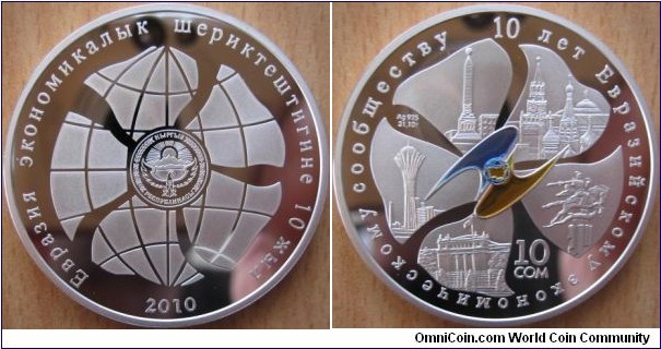 10 Som - 10 years of Eurasec - 31.1 g Ag .925 Proof (enameled logo) - mintage 2,000