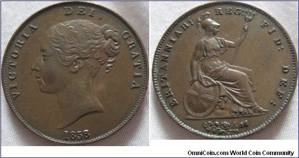 1858 penny, EF grade, overstirke on the final 8 and a missaligned T in BRITANNIA