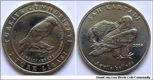 1 lira.
2009.
Obverse features a pair of Bearded Volture-Eagles (Gypaetus barbatus)
The reverse pictures the Imperial Eagle (Aquila Heliaca)
Cu-ni. Diameter 23,5mm.
