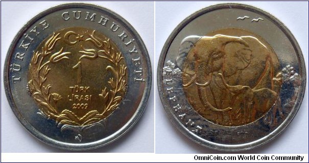 1 lira.
2009.
Mother elephant and her calf.
Bimetal. Diameter; 26mm.