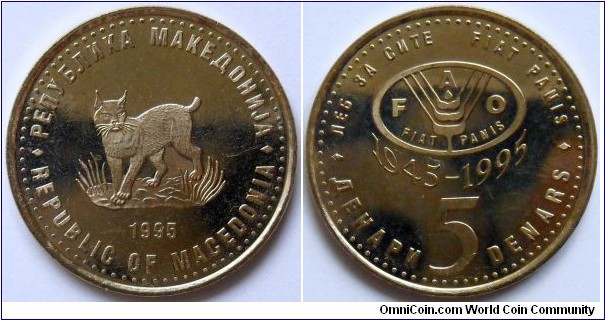 5 denars.
1995, 50th Anniversary of F.A.O.
(1945-1995)