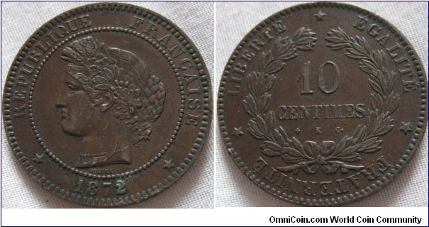 1872 K 10 centimes, common date but in a higher grade
