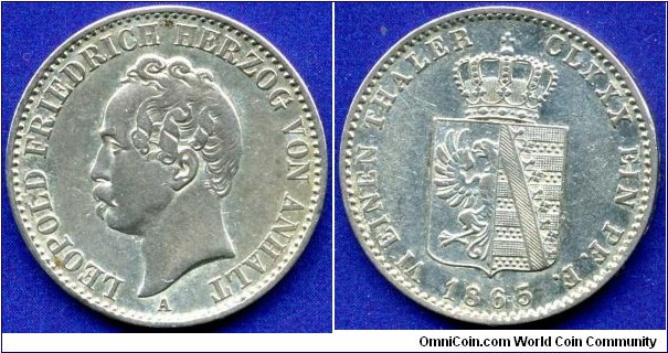 1/6 Thaler.
Anhalt-Dessau.
Leopold Friedrich (1817-1871).
*A* - Berlin mint.
Mintage 120,000 units.


Ag520f. 5,34gr.