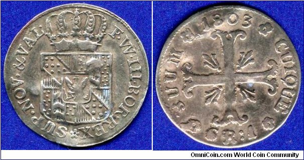 1 creuzer.
Canton Neuenburg, under Prussian rule from 1707-1806 and 1814-1857.
Friedrich Wilhelm III (1797-1840).


Ag(billon).
