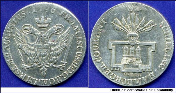 32 schilling (2 Mark, 2/3 Thaler, Gulden).
Free Imperial City Hamburg.
Francisc II (1792-1806) Emperor of Holy Roman Empire.
*O.H.K.* - mintmaster Otto Henrich Knorre, work in 1761-1805.
Mintage 1,138,000 units.


Ag750f. 18,32gr.