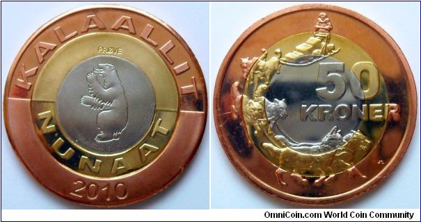 50 kroner.
2010, Greenland.
Dog sled team.
Tri-metallic coin. Copper outer ring, brass middle ring and a copper-nickel center. One from unofficial 2010 Greenland pattern coin set.