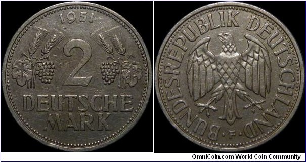 Germany 2 Deutsche Mark 1951-F Stuttgart Mint (One-year type coin)