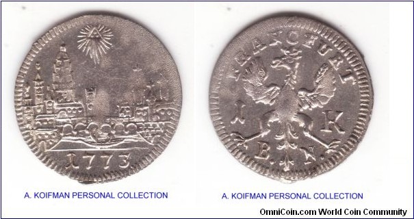 1773 German State Free City of Frankfurt kreuzer; silver billon; nice about uncirculated but smoothed striking