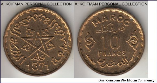 Y#49, AH1371 (1952) Morocco 10 francs, aluminum-bronze, plain edge; uncirculated or about, does not look to have been cleaned as usual.