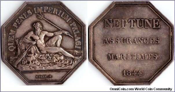 rare silver jeton de presence issued for the 'Neptune', a short lived assurance company covering maritime risks. This particular jeton although dated 1844 was issued in 1845.