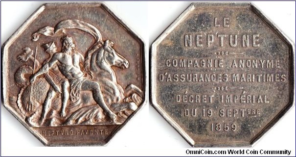 scarcer silver jeton de presence issued for `Le Neptune', an assurance company founded in 1859 and covering maritime risks