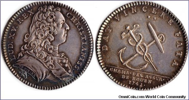 rare silver jeton de presence issued for the 'Chambre d'assurances de Rouen', a consortium first set up during the reign of Louis XIV (1670)to cover both maritime and fire risks. 