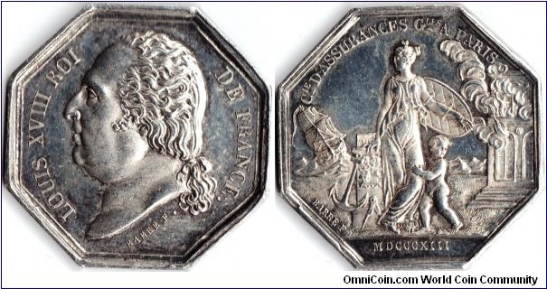 silver jeton issued for the `Compagnie Assurances Generales de Paris', this particular variant bearing an error date of 1813 instead of the 1818 date of founding.