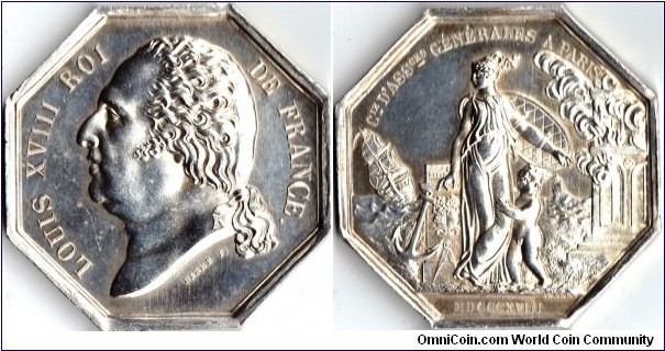 silver jeton issued for the `Compagnie Assurances Generales de Paris'. These jetons were issued from 1818 through to the late 1880's and there are a number of variants. This particular variant is 35mm diameter and carries the `corne d'abondance assay mark on the edge.