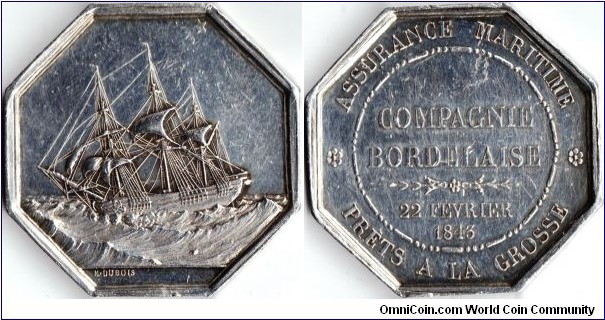 silver jeton issued for the 'Compagnie Bordelaise' a maritime insurer established in 1843. This jeton issued in 1860.