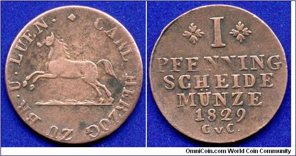 1 pfenning.
Braunschweig-Luneburg-Wolfenbüttel.
Karl II (1815-1830).
*CvC* - mintmaster Cramer von Clausbruch in Braunsweig.


Cu.