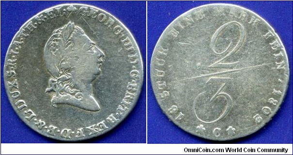 2/3 Thaler (Gulden).
Braunschweig-Luneburg-Calenberg-Hannover.
George III (1760-1820), King of England.
*C* - Münzcomission.


Ag.