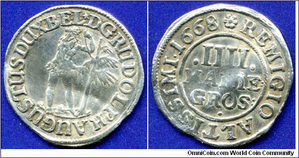 4 mariengroschen (1/12 Thaler, Doppelgroschen).
Braunschwaig-Wolfenbüttel.
Rudolf August (1666-1685).


Ag.