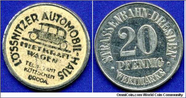 20 pfennig (Wertmarke).
Dresden Stadt.
Token to travel by tram to Dresden from advertising garage or Automobile shop.


Paper & Alluminium.