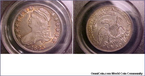 A nicely album toned example of an 1825, relatively common die marriage, graded AU-50 by PCGS.