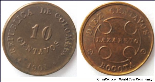 COLOMBIA-LAZARETO 10 CENTAVOS 1901 -LEPER- CAT 111 $ 70