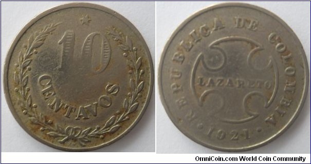 COLOMBIA 10 1921-CENTAVOS CU-NI-23mm-5gm-CAT 102