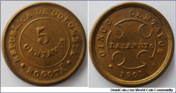 COLOMBIA LAZARETO 5 CENTAVOS-1901-CAT 270