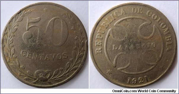 COLOMBIA LAZARETO 50 CENTAVOS 1921-CAT 104-1 