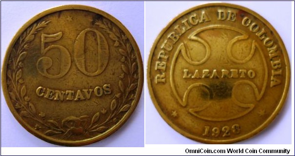 COLOMBIA LAZARETO 50 CENTAVOS 1928-30mm-cu -9.8 gm CAT 106-1 $ 50