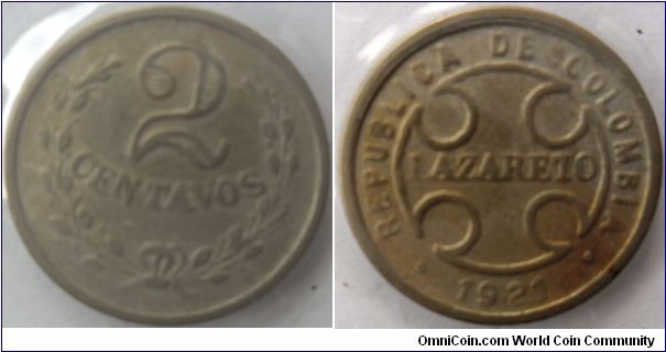 COLOMBIA 2 CENTAVOS 1921-LAZARETO CU-NI-CAT 112-1 