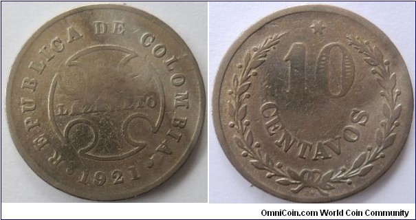 COLOMBIA LAZARETO 10 CENTAVOS 1921-CAT 109-1 