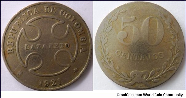 COLOMBIA 50 CENTAVOS LAZARETO 1921- 30mm-CAT 107-1 $ 49