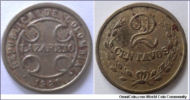 COLOMBIA 2 CENTAVOS 1921-CU-NI-3 GM 19mm-CAT 115-1 