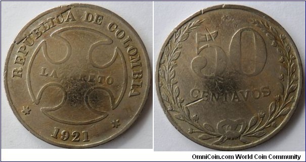 COLOMBIA 50 CENTAVOS LAZARETO 1921-CU-NI-9.8 30mm-CAT 117-1 $ 49