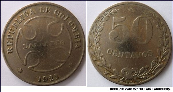 COLOMBIA 50 CENTAVOS 1921 LAZARETO-CAT 101-1