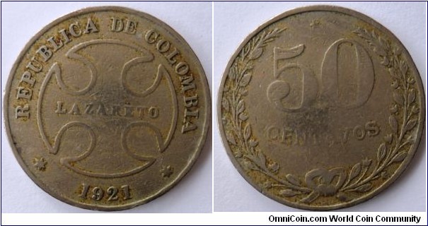 COLOMBIA 50 CENTAVOS LAZARETO CAT 139-1 $ 49
SOLD