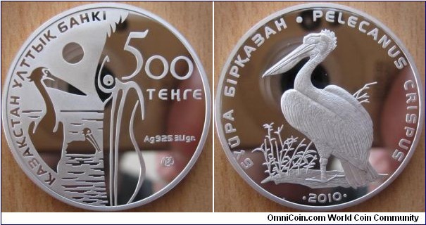 500 Tenge - Pelecanus crispus - 31.1 g Ag .925 Proof - mintage 5,000