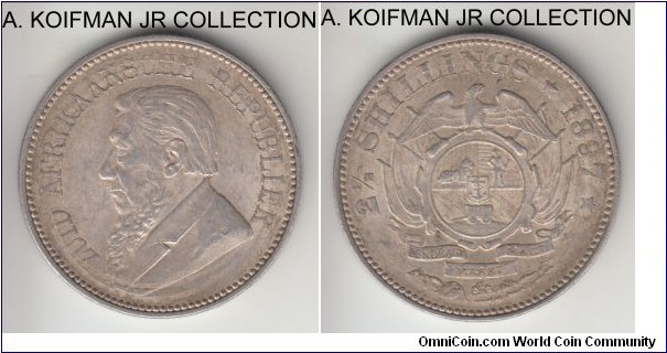 KM-7, 1897 ZAR (South Africa) 2 1/2 shillings; silver, reeded edge; late Boer Republic coinage, good extra fine condition, lots of luster under some light toning.