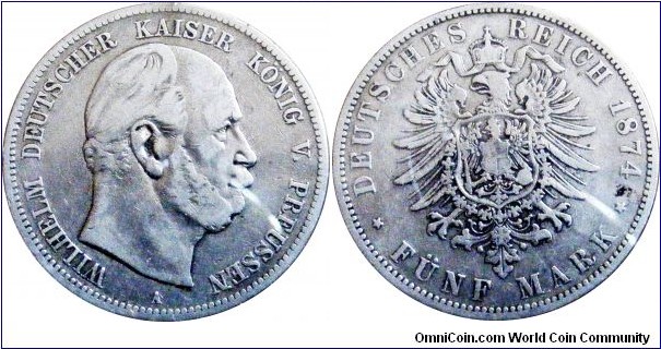 5 Mark 1874 Prussia 27,7770 g .900 Silver, .8038 oz