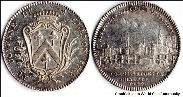 Rare silver jeton issued for the then `doyen' de Chatelet (roughly the Law Lord)M'sieur Chenon. I have another of this issue, but it was struck in tin.
