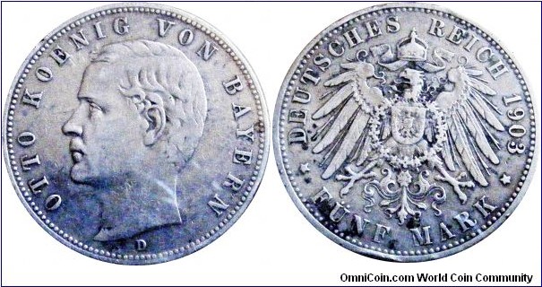 5 mark Bavaria, 27,7770 g, .900 Silver, 8038 oz