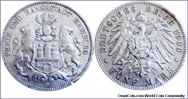 5 mark Hamburg 27,7770 g, .900 Silver, .8038 oz 