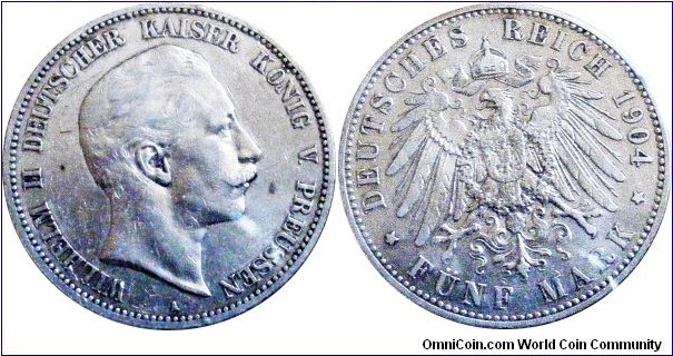 5 mark Prussia, 27,7770 g, .900 Silver, .83038 oz