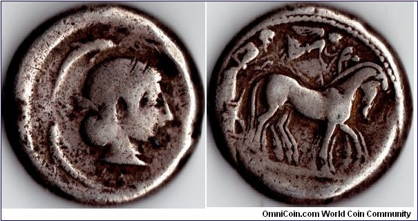 Syracuse tetradrachm struck during reign of Hieron I circa 476 bc. A bit worse for wear but still very collectable.