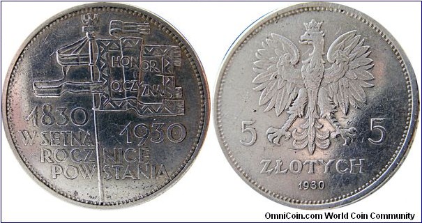 5 złotych, Centennial of 1830 Revolution 18 g, .750 Silver, .4340 oz