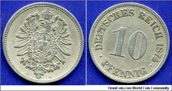 10 pfennig.
German Empire.
*D* - Münich mint.
Mintage 3,586,000 units.


Cu-Ni.