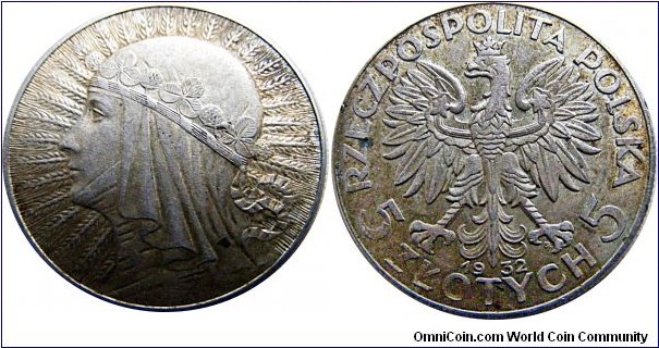 5 Złotych 1932(Warsaw), 11 g, .750 Silver, .2652 oz 